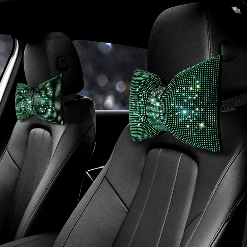 surpassme 2PCS Rhinestone Car Headrest Neck Pillow for Driving with Bling Bling Crystal Bow Pillow Car Accessories for Women (Green) - Image 1
